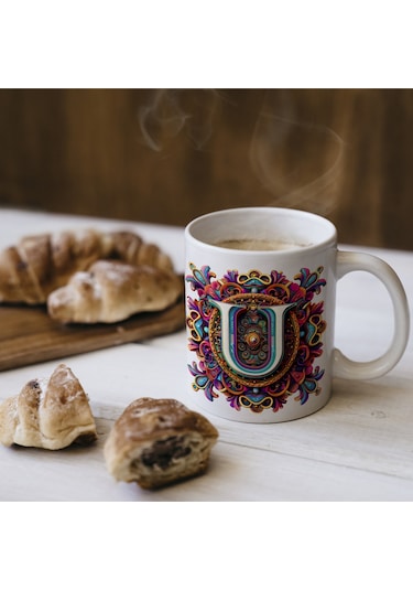 U Harfi Boho Bardak, Renkli Özel Tasarım Hediyelik Harfli Kupa, 330ml Porselen Beyaz