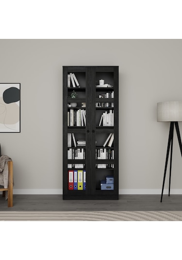 Lucas Cam Kapaklı Vitrin - Büfe - Kitaplık Ve Çok Amaçlı Dolap Ayarlanabilir Raf - Siyah Siyah