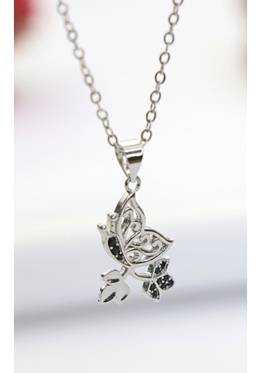Nano Siyah Taşlı Yapraklı Kelebek Gümüş Kolye-Silver