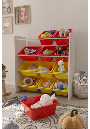 12 Sepetli Çok Amaçlı Oyuncak Dolabı Montessori Dolap Kırmızısarı Kırmızı - Sarı