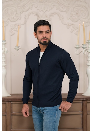 Woolen World Regular Fit Dik Yaka İnce Baharlık Triko Hırka Lacivert