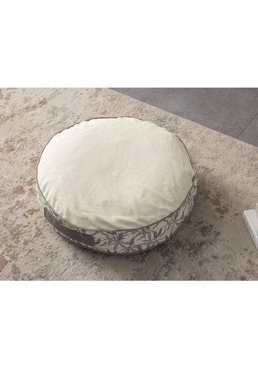 Krem Rengi Yuvarlak Taşınabilir Dekoratif Yer Minderi Puf 60x60 C