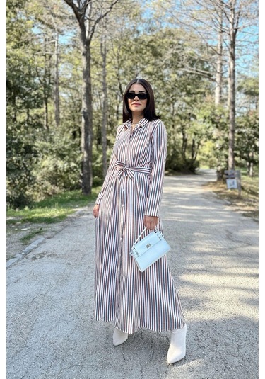 Kadın Kiremit & Ekru Çizgili Uzun Kol, Rahat Beli Kemerli, Cepli, Keten, Maksi Gömlek Elbise Kiremit