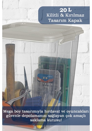 2'li Megabox 20l Saklama Kabı - Kilitli Kapaklı Çok Amaçlı Düzenleyici Kiler Depolama Oyuncak Kutusu Bej