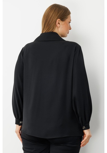 Moda İlgi Kadın Büyük Beden Yaprak Desenli Boncuk Detaylı Takma Kol Gömlek 0052 Siyah Siyah