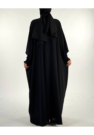 Düğme Detaylı Yarasa Kol Medine İpeği Cilbab Siyah