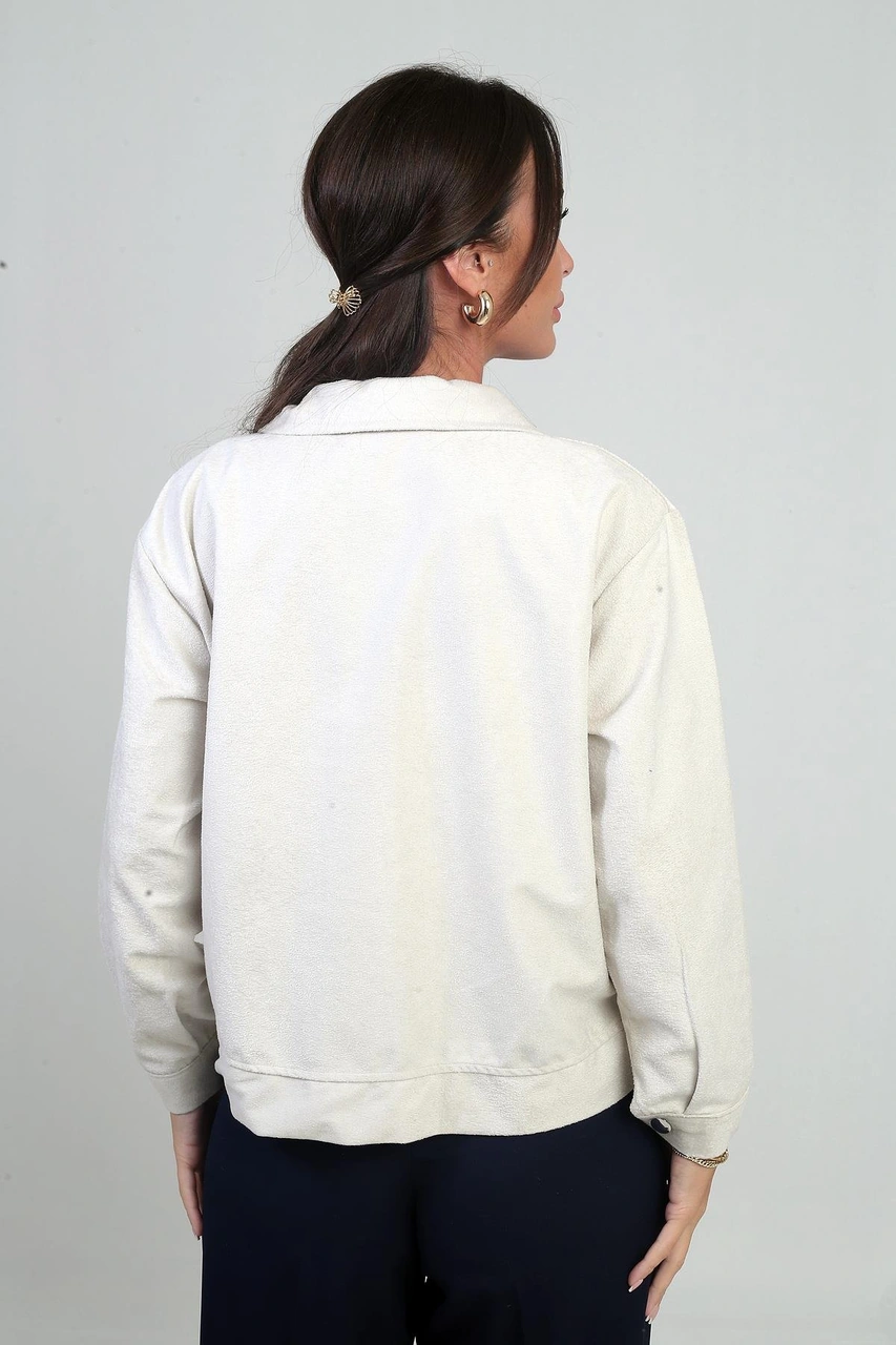 Kadın Torba Cepli Önü Fermuarlı Süet Mont-41919 Krem