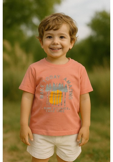 Erkek Çocuk %100 Pamuklu Baskılı Kısa Kollu Tişört - Somon 3-4 Yaş 8-9 Yaş Somon