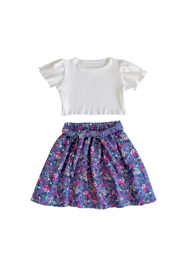 Etekli Crop Takım, Çiçekli Gri-mavi Etek - Ekru Crop Ekru-griçiçekli Ekru - Gri