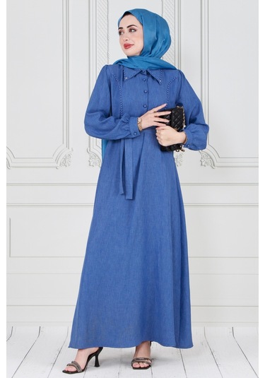 İnci Detaylı Kuşaklı Tesettür Elbise-mavi-3586-mavi Mavi