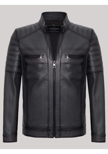 Hakiki Kuzu Derisi Fermuarlı Erkek Ceket Kol İşlemeli Ceket Siyah Siyah