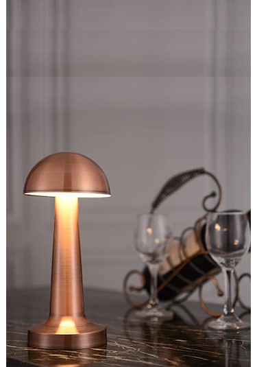 Mantar Model Retro Masa Lambası Rosegold Bakır Dimmerli Şarjlı