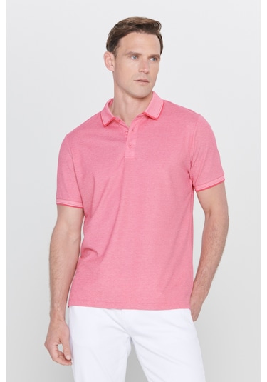 Ac&Co / Altınyıldız Classics 4A4820200047Fub3 Düğmeli Polo Yaka Cepsiz Slim Fit Erkek Tişört Fuşya - Beyaz Beyaz - Pembe