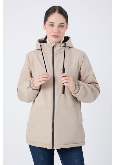 Kadın Kürklü Su Ve Rüzgar Geçirmez Kapüşonlu Kışlık Mont & Kaban & Parka Taş
