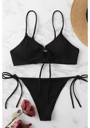 Angelsin Rib Dokulu Ön Ve Yan Bağcık Detaylı İpli Brezilya Bikini Takımı Siyah
