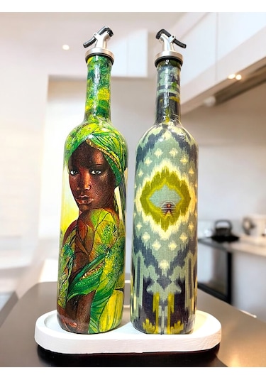 Geleneksel Desenler Ve Yerli Kadın Temalı Yağdanlık, Sirkelik Ve Sosluk Seti Vintage Mutfak Dekor Açık Yeşil