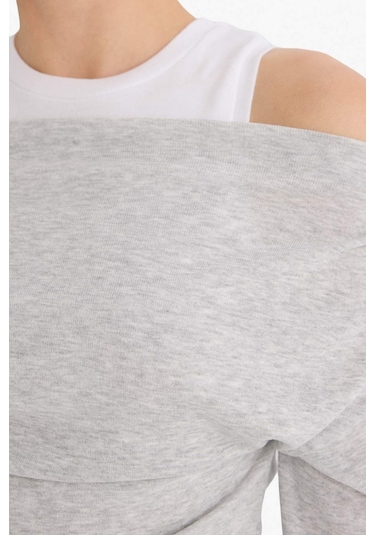 Defacto Slim Fit Dar Kesim Tek Omuzlu Çift Katmanlı Ribana Uzun Kollu Tişört G6336ax25wngr93 Gri-gr93