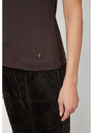 On Kadın Sıfır Yaka Ay Kol Basic Bluz 61302 Kahverengi Kahverengi