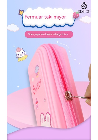 Karikatür Büyük Kapasiteli Su Geçirmez Çift Katmanlı Plastik Kalem Kutusu Pembe