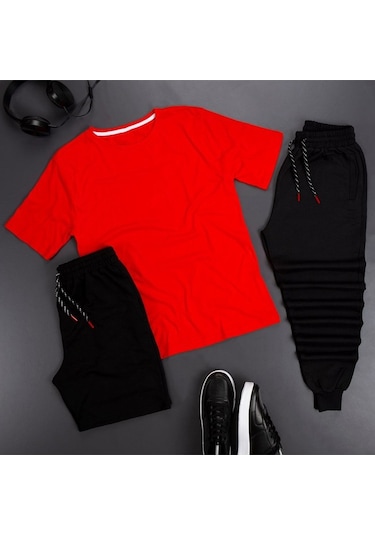 3'lü Spor Eşofman Takımı Kombini Kırmızı