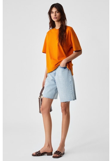 GRIMELANGE Jemmy Kadın %100 Organik Pamuk Relaxed Fit Yırtmaçlı Yuvarlak Yakalı Turuncu T-shirt Turuncu