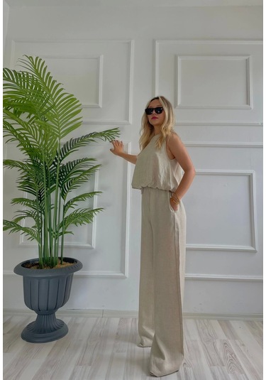 Kadın Eteği Balon Dar Kemerli Keten İkili Takım Bej