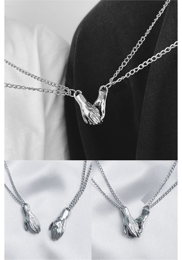 Gümüş Renk Mıknatıslı El Ele Çift Kolyesi 2231 Gümüş