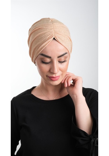 Bej Pratik Hazır Geçmeli Tesettür Bone Fukuro Simli Büzgülü 2116 12 Bej