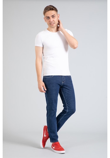 Yeni Sezon Erkek Denim Standart Fit Likralı Fermuarlı Jean Kot Pantolon 1122-Mavi