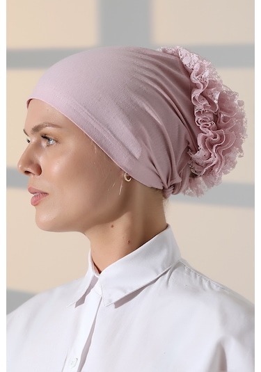 Kadın Fırfırlı Güpürlü Tesettür Topuz Bone - Pembe Pembe