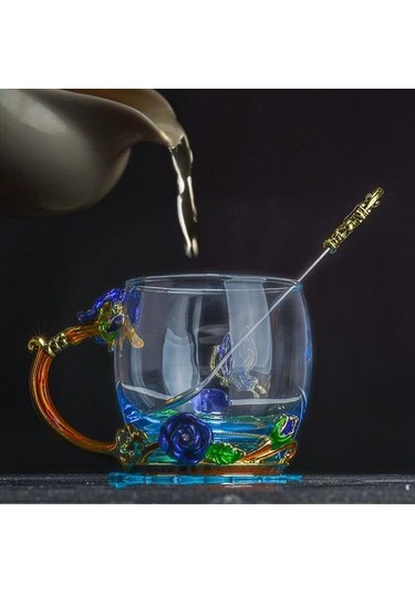 Mavi Gül Emaye Kristal Kupası Çiçek Çay Cam Yüksek Dereceli Cam Su Kupası Çiçek Kupa İle Handgrip Ile Mükemmel Hediye Düğün Kupalar Mavi Ahşap