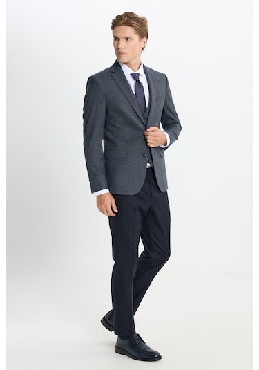 Ac&Co / Altınyıldız Classics Erkek Antrasıt Slim Fit Dar Kesim Mono Yaka Kaz Ayağı Desenli Kapak Cepli Yelekli Takım Elbise Antrasıt Antrasit