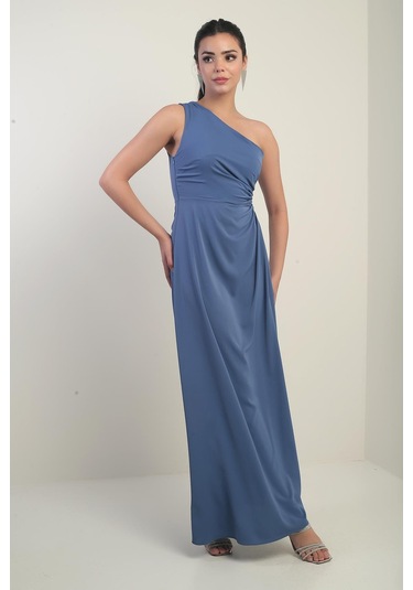 Kadın Tek Omuz Yan Pencere Detaylı Uzun Krep Saten Elbise-40824 Indigo