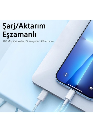 20w Type-c - Lightning Hızlı Şarj Kablosu Kalın Dokuma İphone 13/12/11/x Uyumlu Akıllı Çipli 1m Mavi 1m Tip-c - Apple