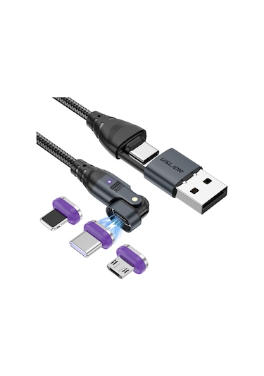 Uslıon Us0204 1m Usb - Tip-c'den Tip-c'ye - Mikro - İp Kablosu Döndürülebilir 240w Manyetik Şarj Kablosu