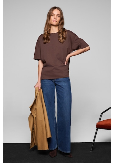 Grımelange Lagertha Kadın %100 Organik Pamuklu Kalın Dokulu Oversize Fit Yuvarlak Yakalı Koyu Kahver Koyu Kahverengi