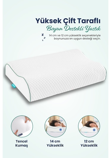 Yüksek Çift Boyun Destekli Ortopedik Visco Yastık 60x40x14-12cm Beyaz