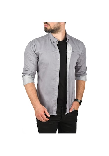 Deepsea Erkek Gri Dar Kesim Çıt Çıt Düğmeli Pamuklu Kot Gömlek Likralı Spor Gömlek 2300412 Gri