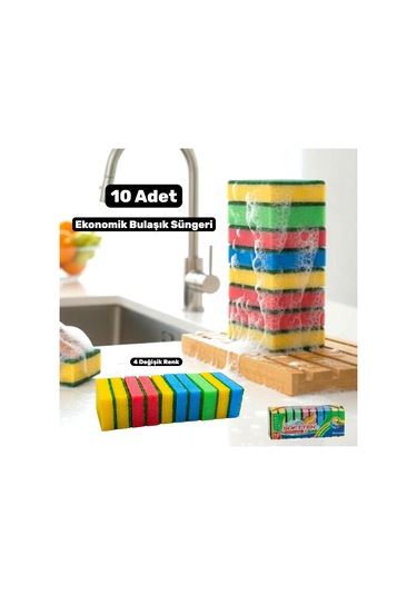 Technow Klasik 9 X 6 Cm 4 Renkli Düz Bulaşık Süngeri 10 Adet