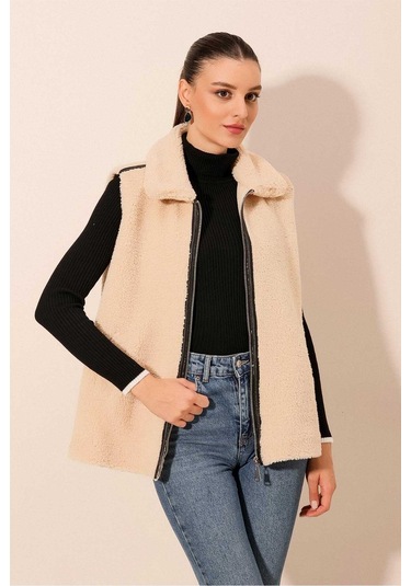 Gabria Fermuarlı Peluş Yelek Krem