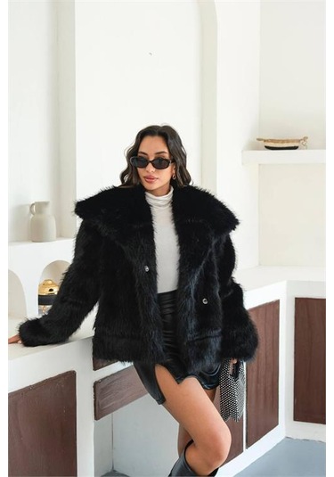 Neşeli Butik Kadın Siyah Astarlı Kürk Kaban Nbmylk32 Siyah