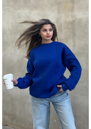 Şeker Pembe Basic Bisiklet Yaka Oversize Sweatshirt Saks