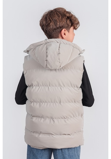 Kapüşonlu Erkek Çocuk Nova Kumaş Şişme Yelek Bej