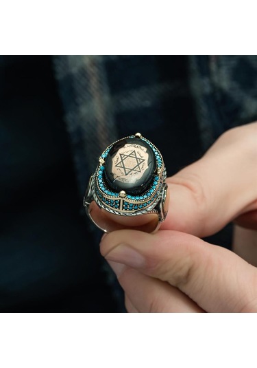 Alyans Evim  Mührü  Süleyman İşleme Sıkma Kehribar Taşlı 925 Gümüş Erkek Yüzük