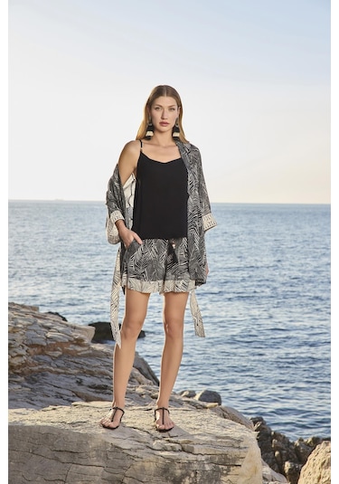 Monamise Kadın Çizgi Desenli Ve Dantelli 3'lü Alt Üst Takım 25009 Siyah