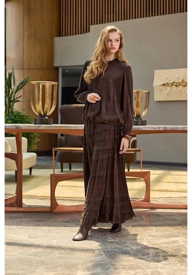 Misswhence 38025 Cupro Dantelli Etek Takım Gri