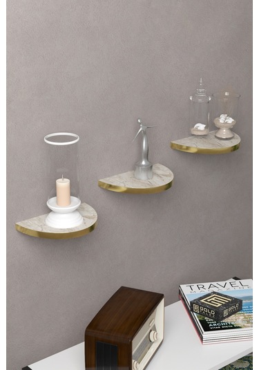 Duvar Rafı Dekoratif 3 Adet Çiçeklik Oval Altın Efes