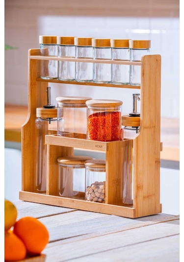 Malibu Bambu Standlı 12 Li Borosilikat Cam Baharatlık Seti Şeffaf