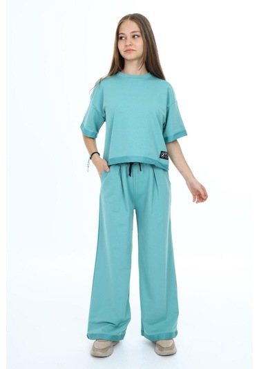 Kız Çocuk %100 Pamuk Oversize Yarım Kol Alt-üst Eşofman Takım-eşt-0012 Yeşil