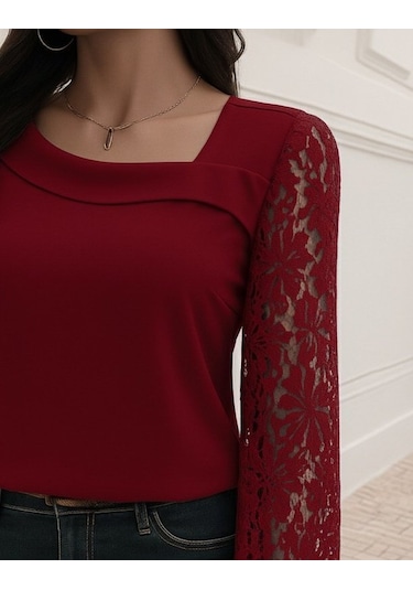 Tua Moda Kadın Uzun Kollu Asimetrik Yakalı Dantelli Ithal Krep Bluz Kırmızı